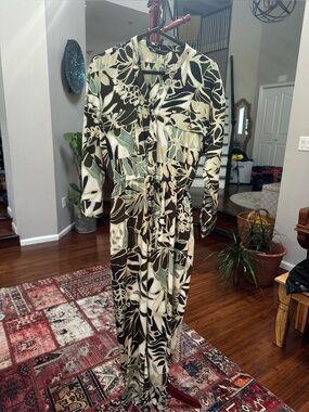 Zara Tropical Leaf Print jumpsuit in Cream, Olive & Brown